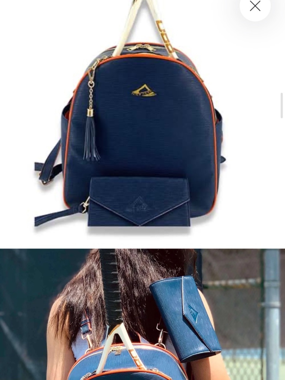 Nice Aces Navy Racket Backpack with Orange Trim and Tassel Accent